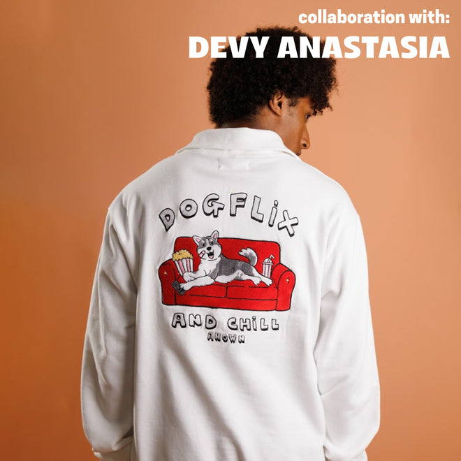 ANOWN X DEVY DOGFLIX QUARTER ZIP SWEATER // WHITE