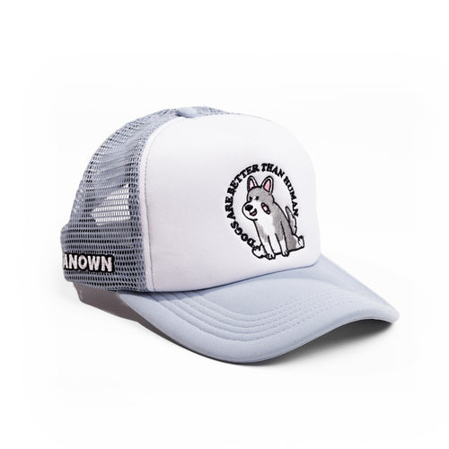 ANOWN X DEVY DOGS BETTER TRUCKER HAT // WHITE GREY