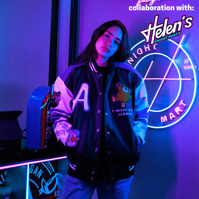 ANOWN X HELENS NIGHT MART ALCOHOL VARSITY JACKET // BLACK PURPLE