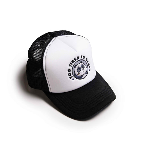 TOO TIRED TRUCKER HAT // BLACK WHITE